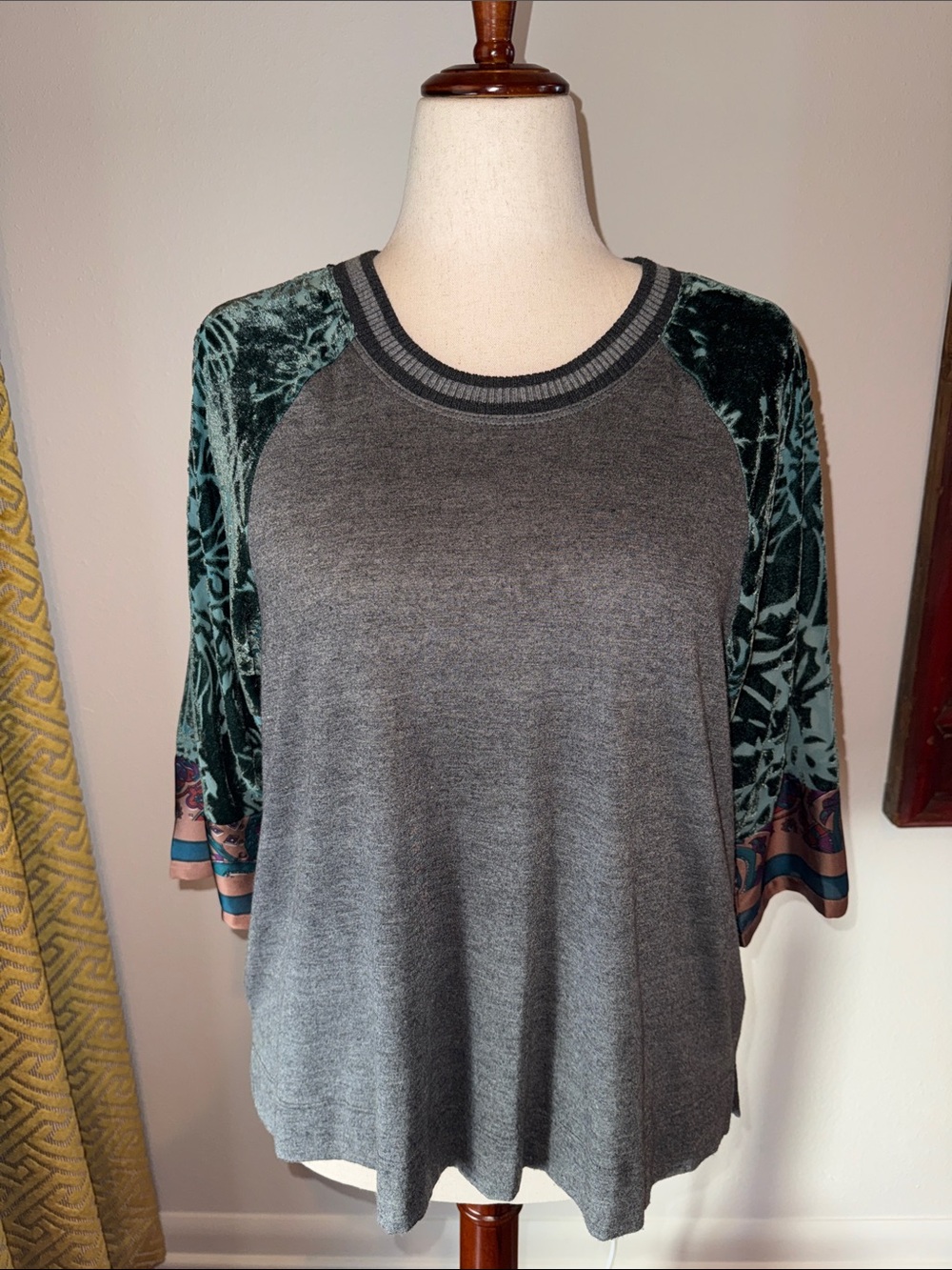 Women's Grey Raglan Tee with Green Velvet Patterned Sleeves